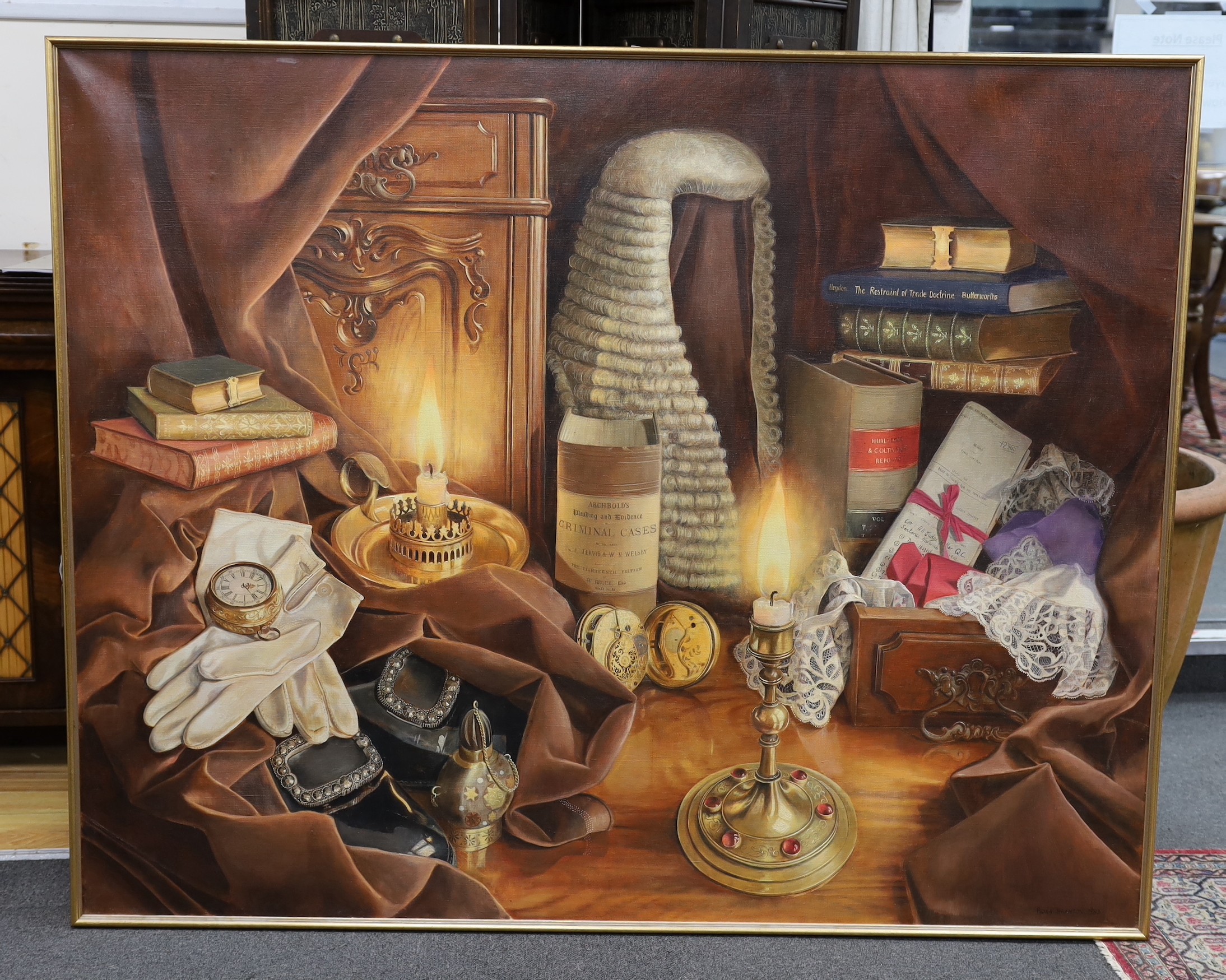 Rosa Branson (b.1933), oil on canvas, Still life for a judge, signed and dated 1983, 121 x 151cm